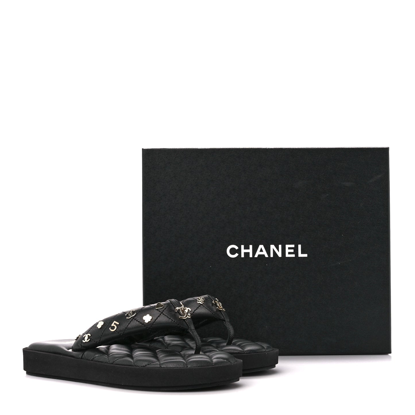 Lambskin Quilted Padded Charms Thong Sandals 37.5 Black