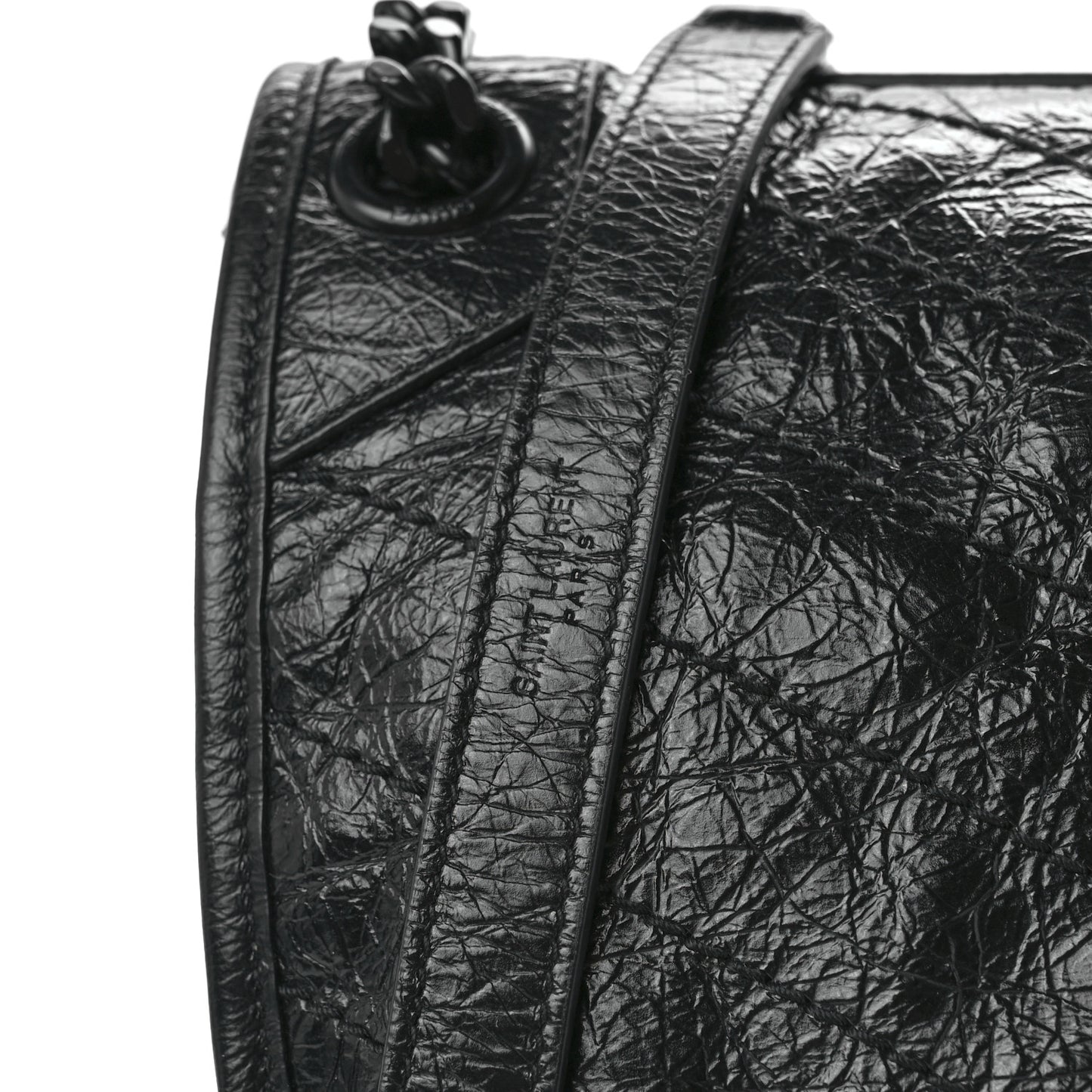 Crinkled Calfskin Matelasse Monogram Medium Niki Chain Satchel Black