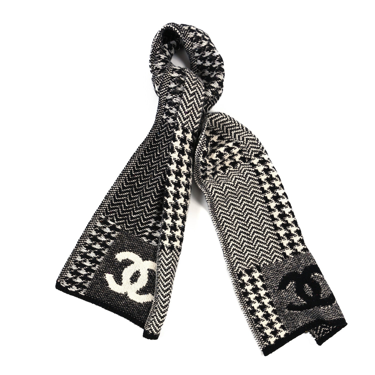 Chanel Cashmere Houndstooth CC Scarf Black White 1 of 4