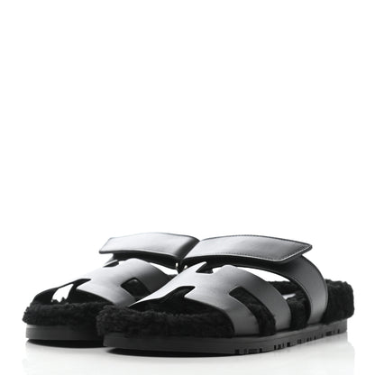 Hermes Calfskin Woolskin Womens Chypre Sandals 36 Black 3 of 8