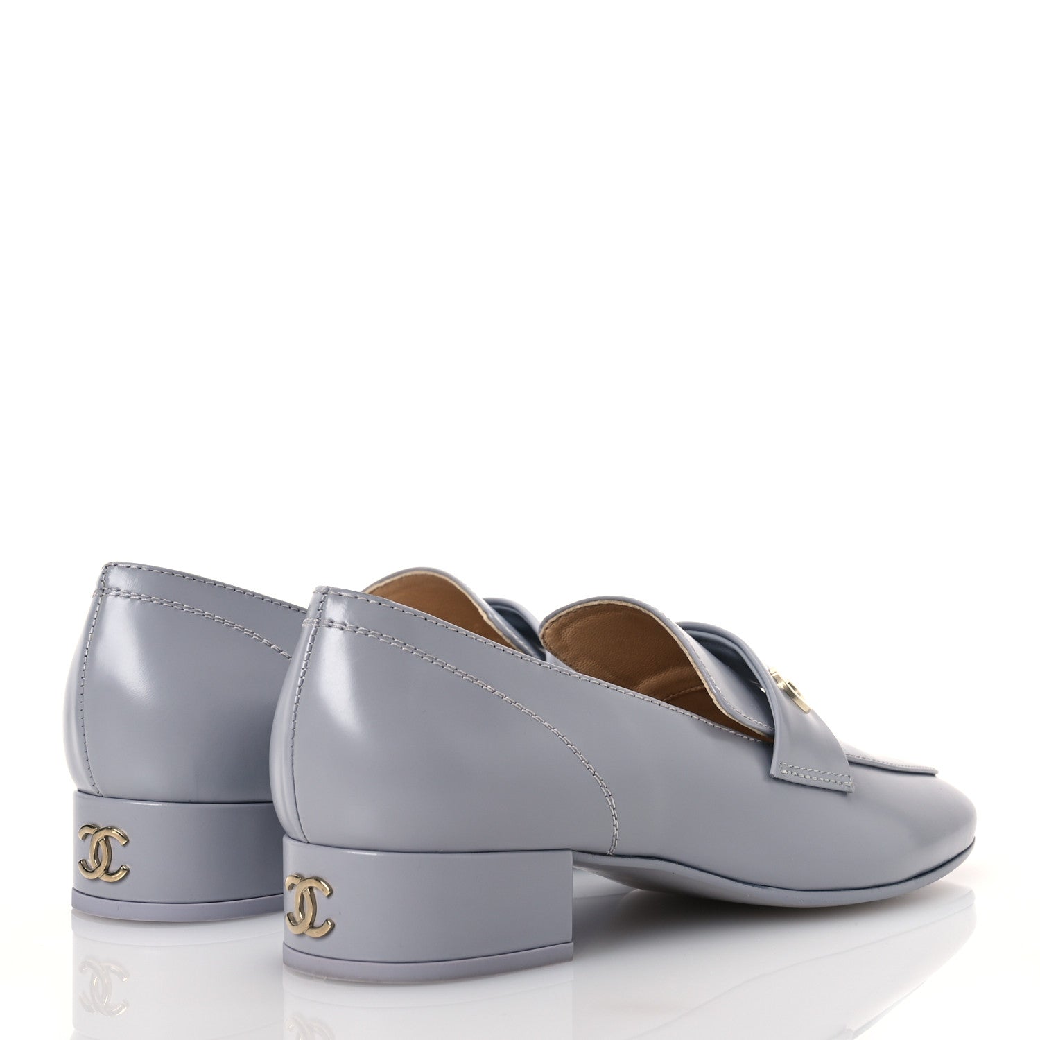 Chanel Shiny Calfskin Logo Loafers 37 Light Grey 1615529