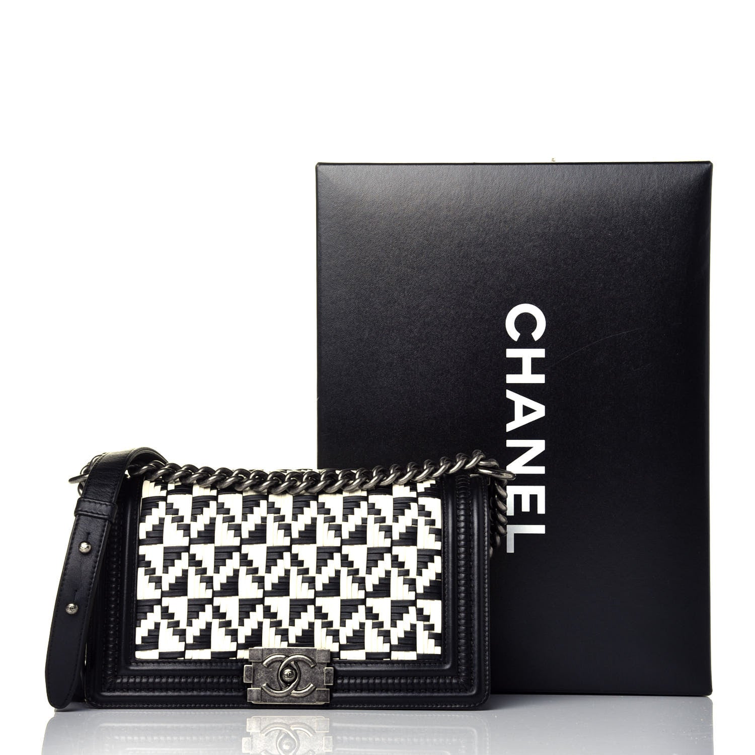 Chanel Calfskin Woven Medium Boy Flap Black White 10 of 10