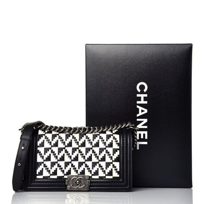 Chanel Calfskin Woven Medium Boy Flap Black White 10 of 10