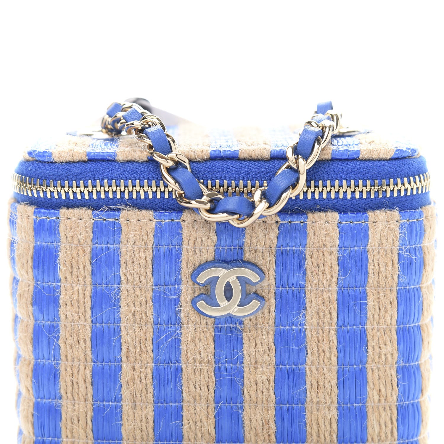 Chanel Raffia Jute Striped Mini Vanity Case With Chain Blue Beige 11 of 12