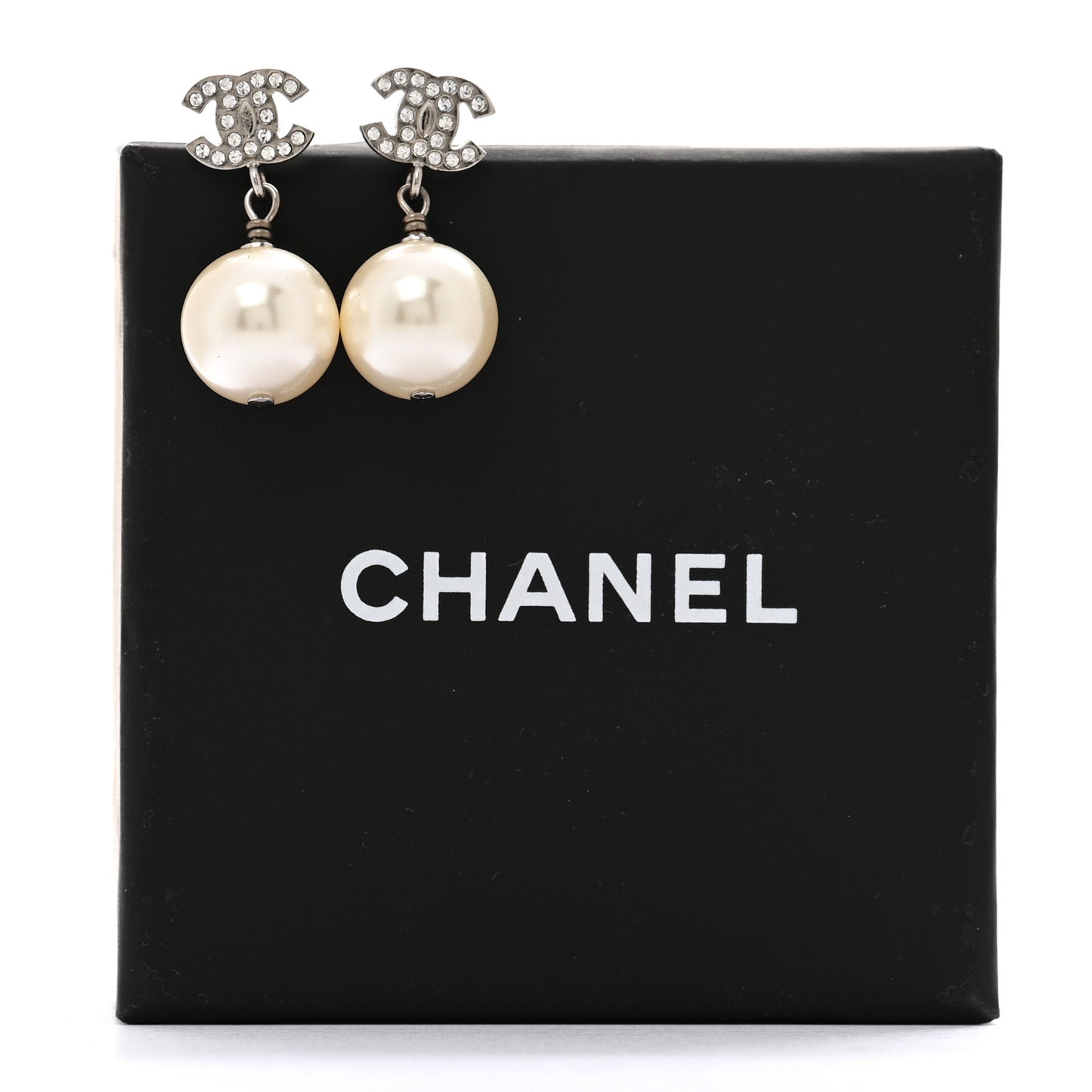 Crystal Pearl CC Drop Earrings Silver Pearly White