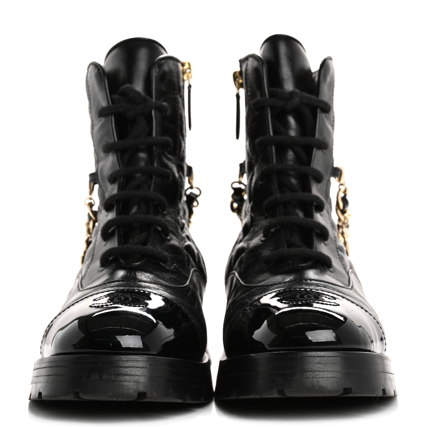 Shiny Calfskin Patent Quilted Chain Lace Up Combat Boots 38 Black