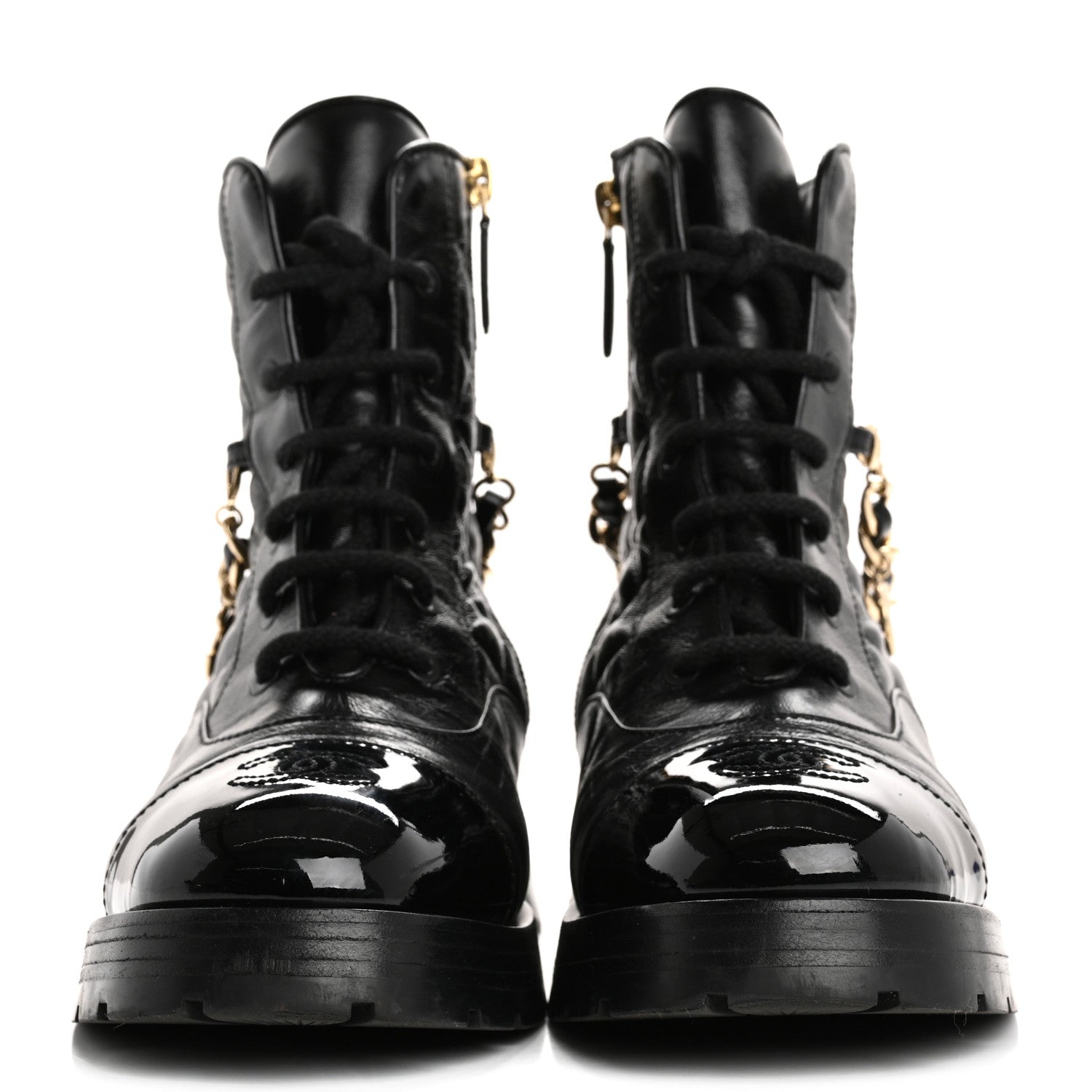 Chanel Shiny Calfskin Patent Quilted Chain Lace Up Combat Boots 38 Black 3 of 14
