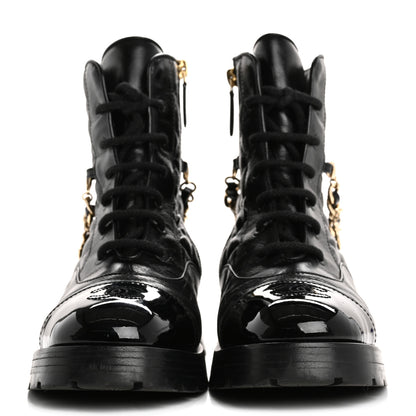Chanel Shiny Calfskin Patent Quilted Chain Lace Up Combat Boots 38 Black 3 of 14
