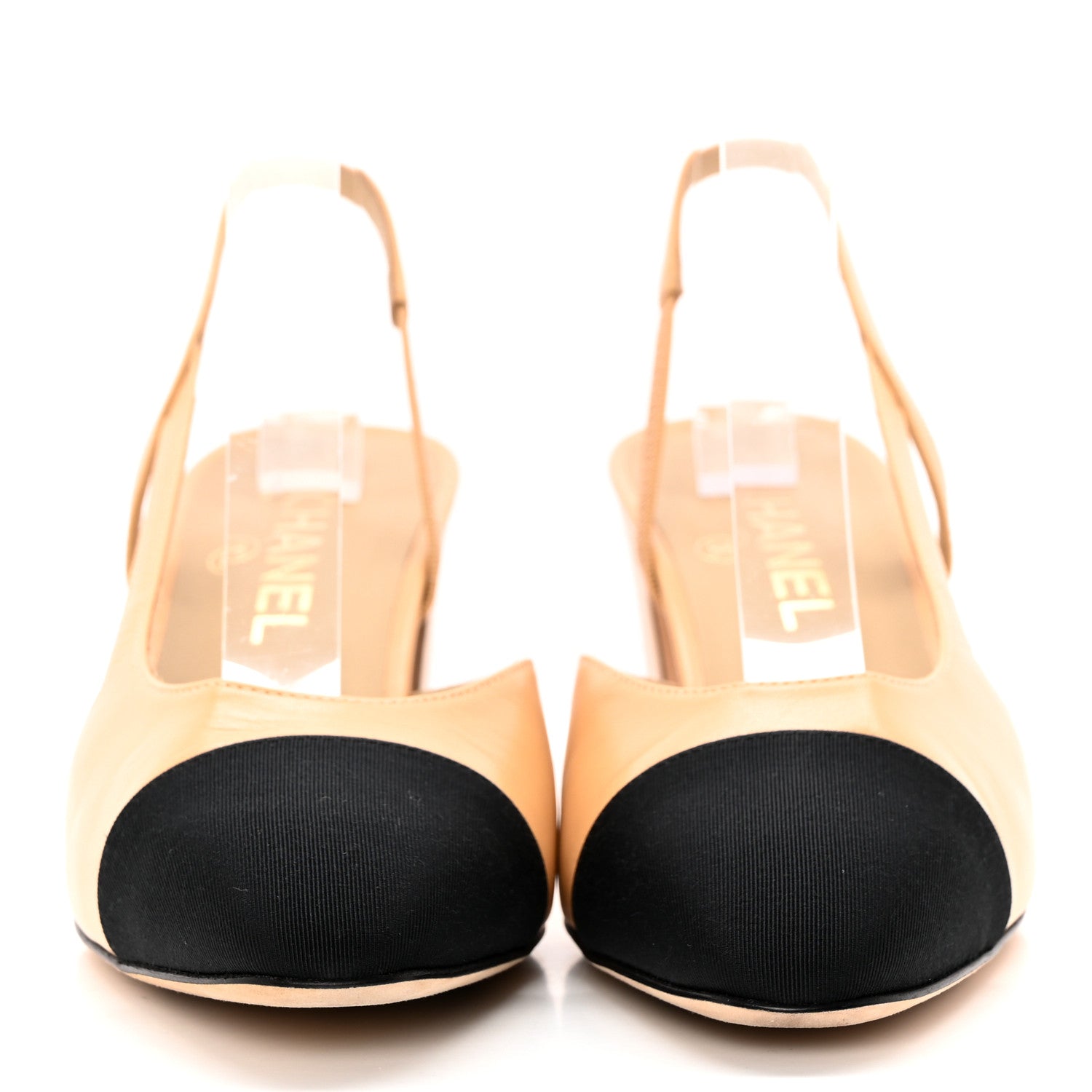 Chanel Lambskin Grosgrain Cap Toe CC Slingback Pumps 39 Beige Black 2 of 12