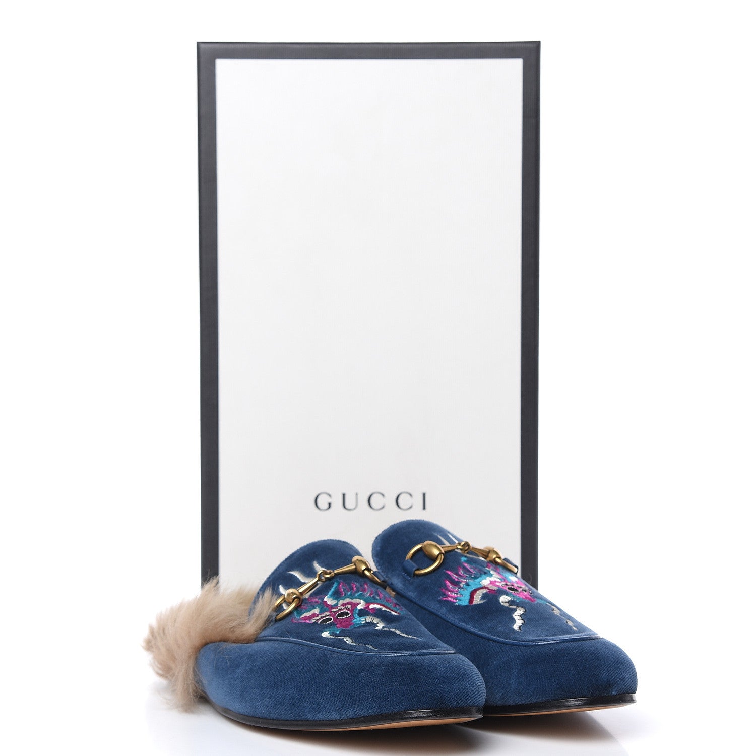 Gucci Velvet Fur Dragon Embroidered Mens Princetown Slippers 7 Zaffre Dark Zaffre 9 of 9