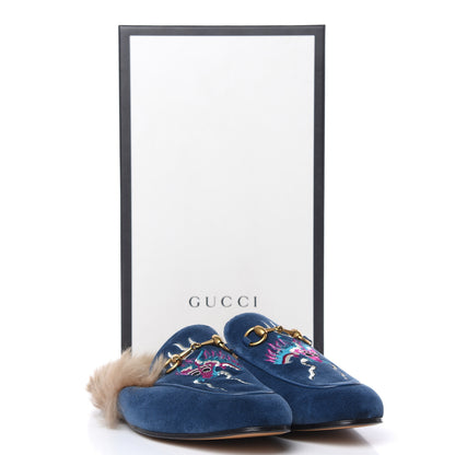 Gucci Velvet Fur Dragon Embroidered Mens Princetown Slippers 7 Zaffre Dark Zaffre 9 of 9