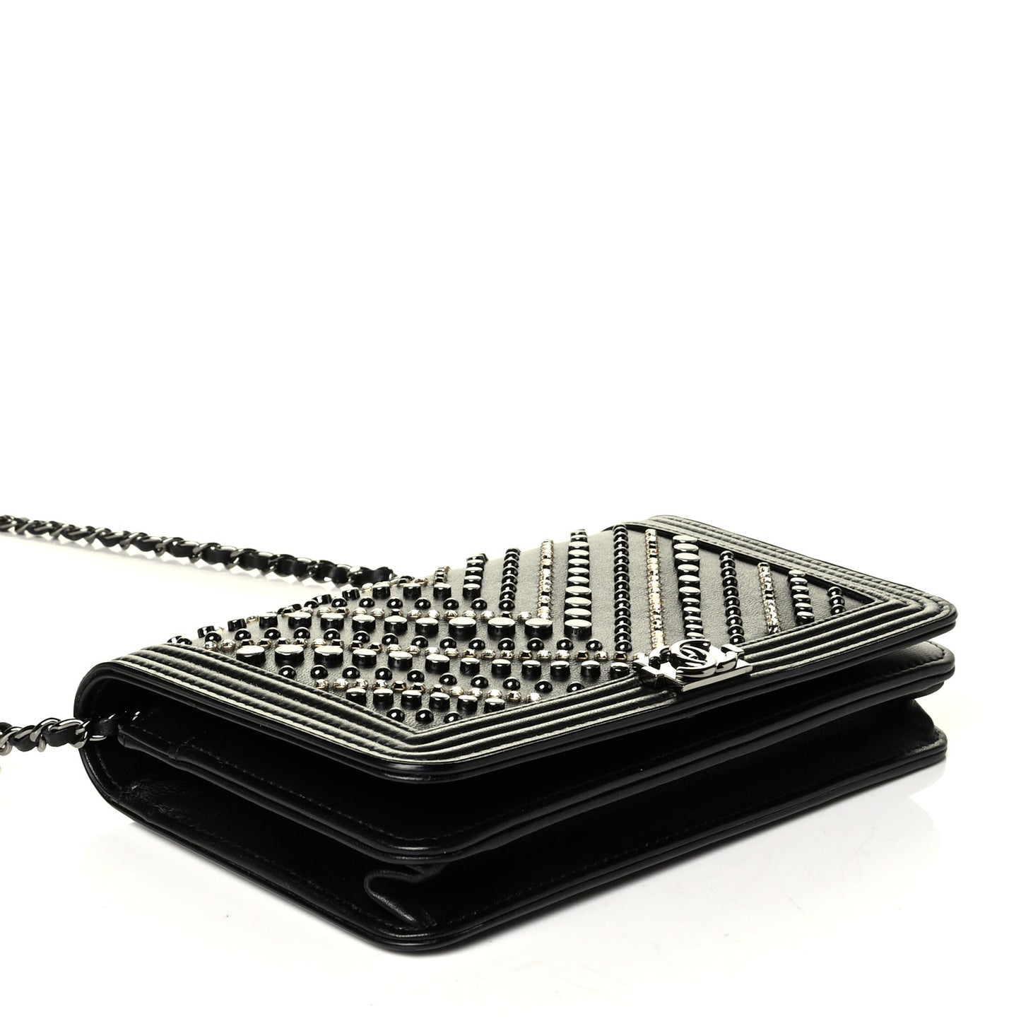 Calfskin Crystal Studded Chevron Boy Wallet On Chain WOC Black