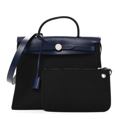 Hermes Military Toile Vache Hunter Herbag Zip 31 PM Black Bleu Saphir 3 of 12