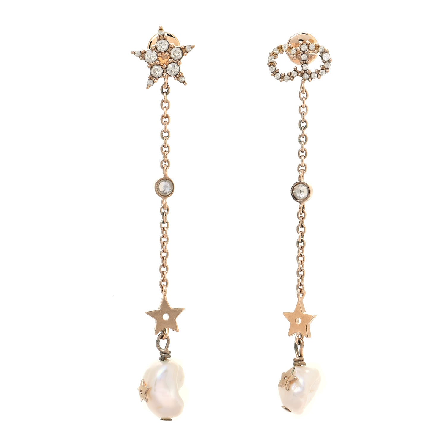 Christian Dior Pearl Crystal Shiny-D Dangle Chain Earrings Gold 1 of 4