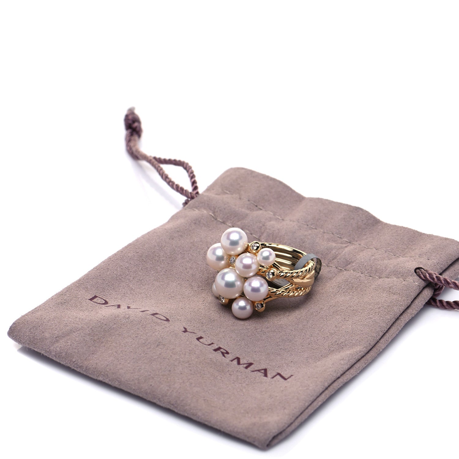 David Yurman 18K Yellow Gold Diamond Pearl Cluster Cable Ring 60 9 6 of 6