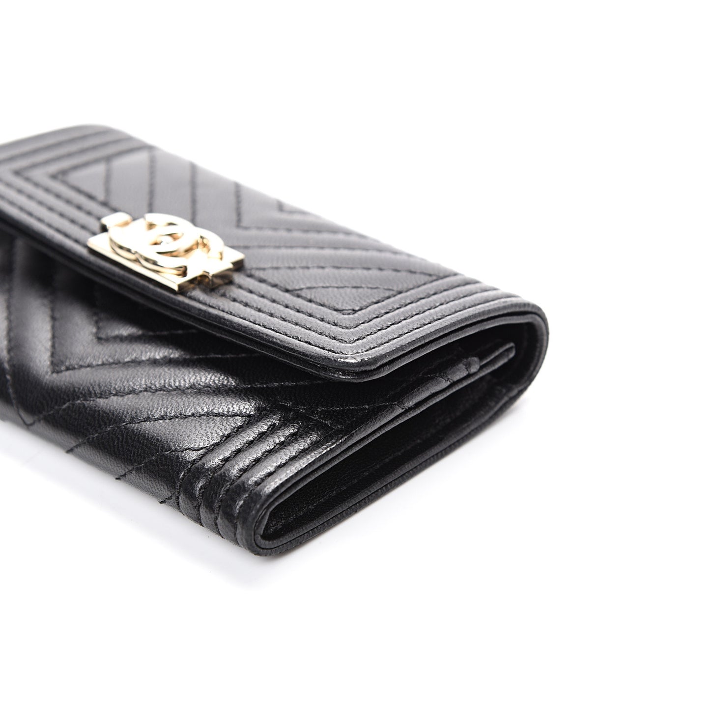 Lambskin Chevron Quilted Boy Card Holder Wallet Black