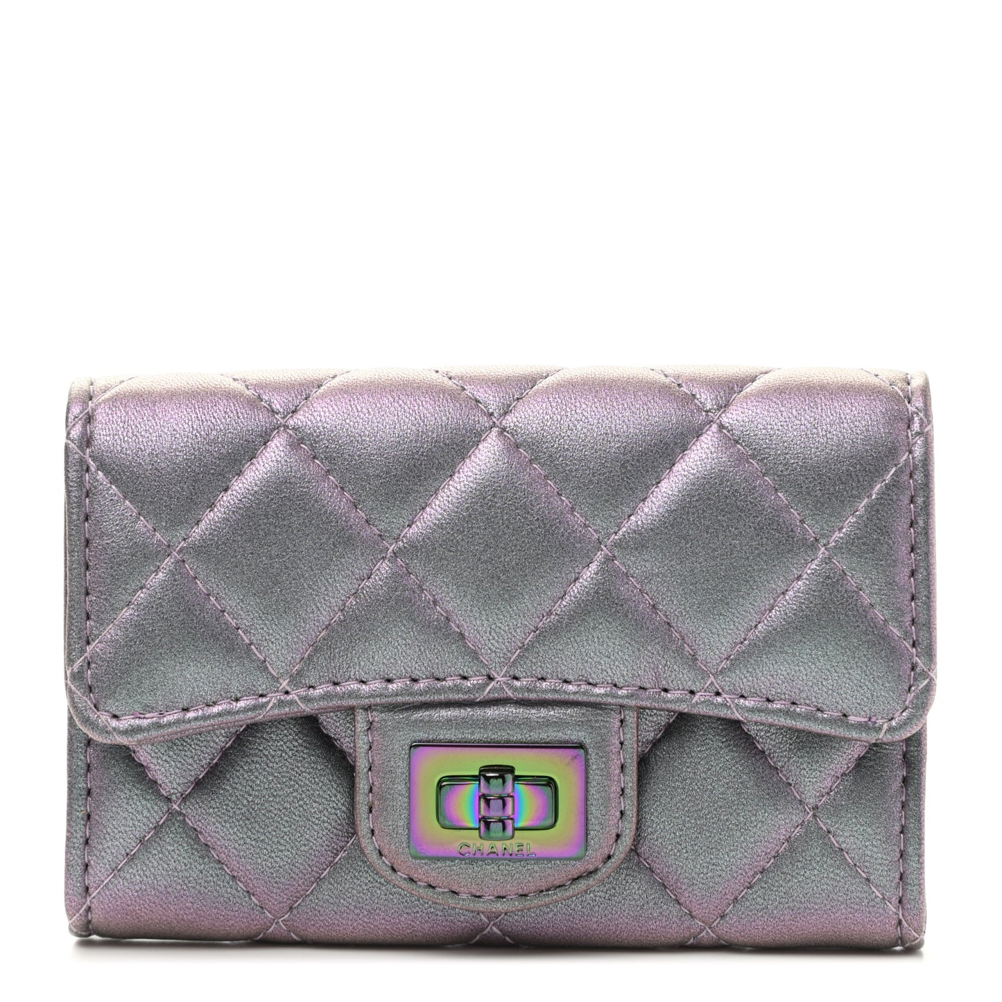 Iridescent Lambskin Quilted Reissue Flap Card Holder Light Purple