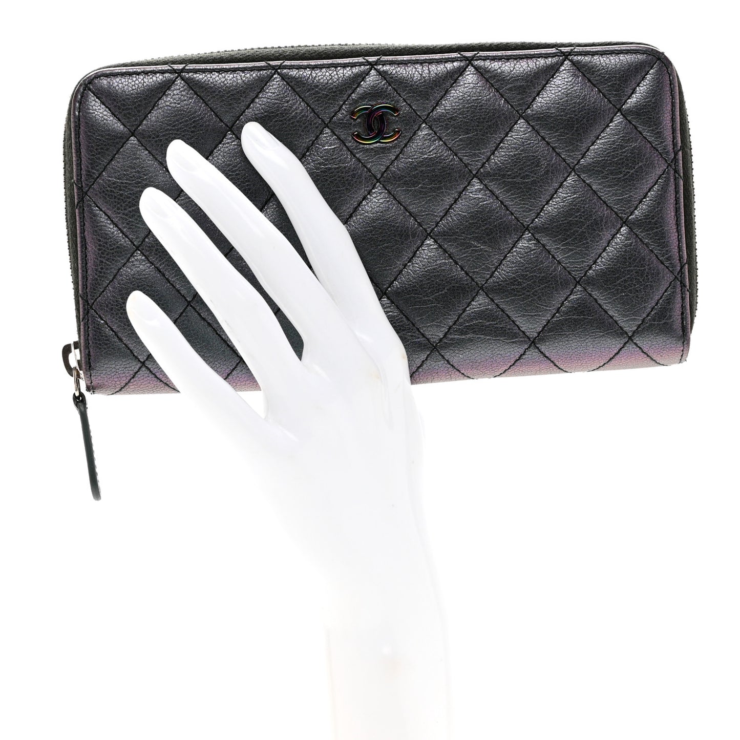 Iridescent Goatskin Quilted Large Zip Around Wallet Purple