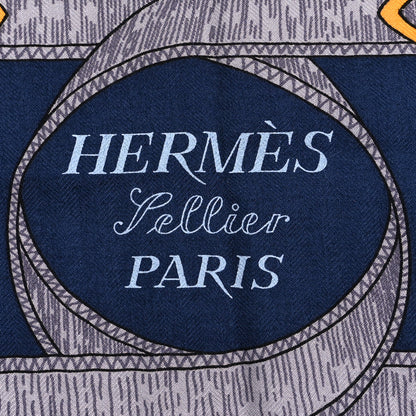 Hermes Cashmere Silk Eperon D'Or Shawl 140 Marine Miel Gris 2 of 6