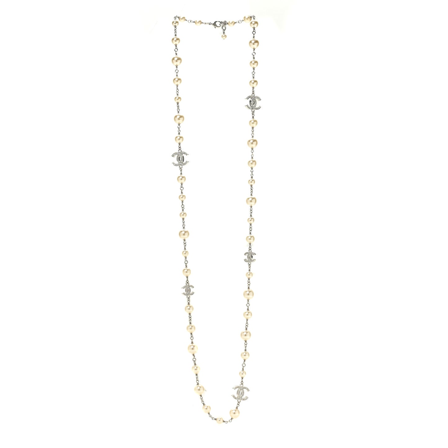 Graduated Pearl Crystal CC Long Necklace Silver