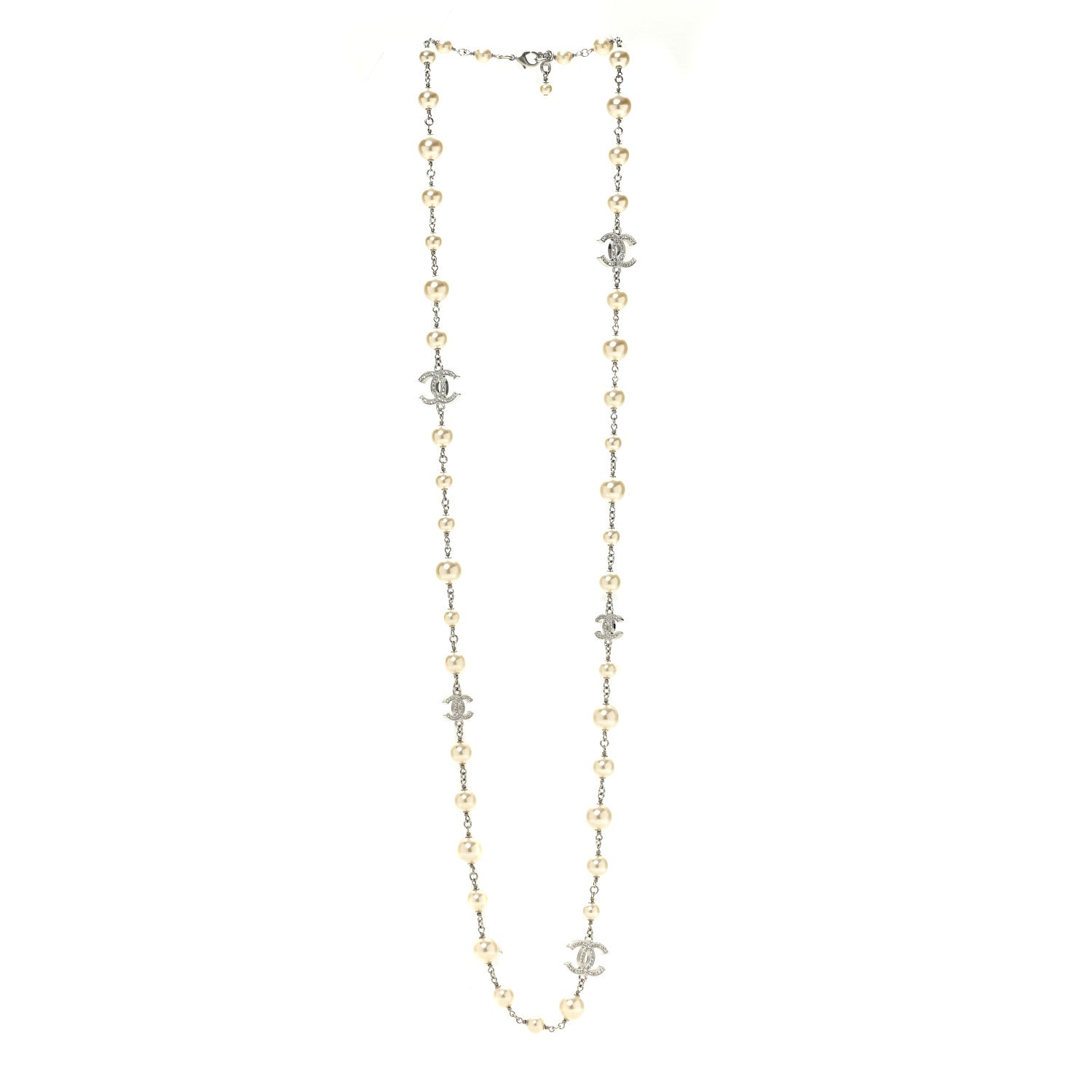 Chanel Graduated Pearl Crystal CC Long Necklace Silver 3 of 6