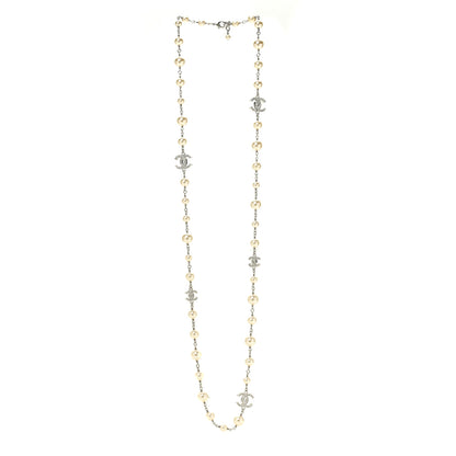 Chanel Graduated Pearl Crystal CC Long Necklace Silver 3 of 6