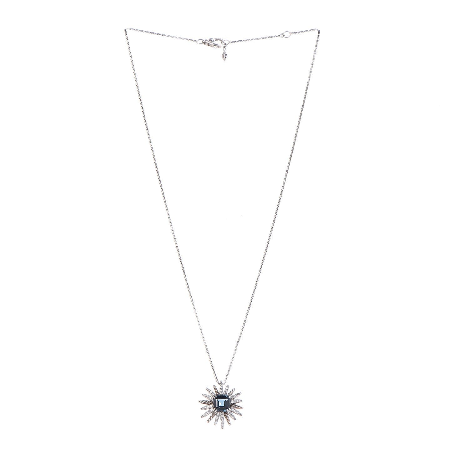 David Yurman Sterling Silver Diamond Hampton Blue Topaz 23mm Starburst Pendant Necklace 3 of 5