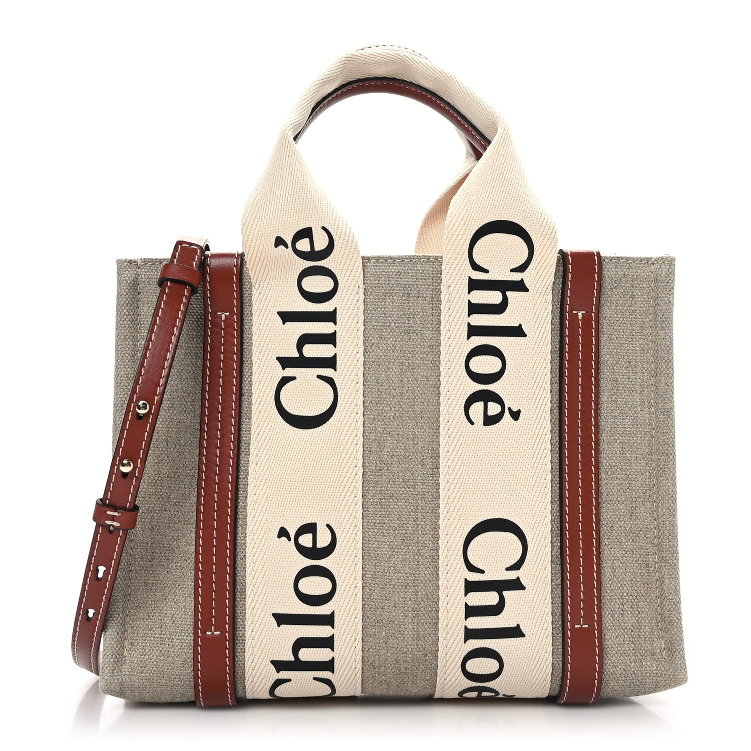 Chloe Linen Calfskin Small Woody Ribbon Tote With Strap White Brown 1 of 7