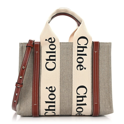 Chloe Linen Calfskin Small Woody Ribbon Tote With Strap White Brown 1 of 7