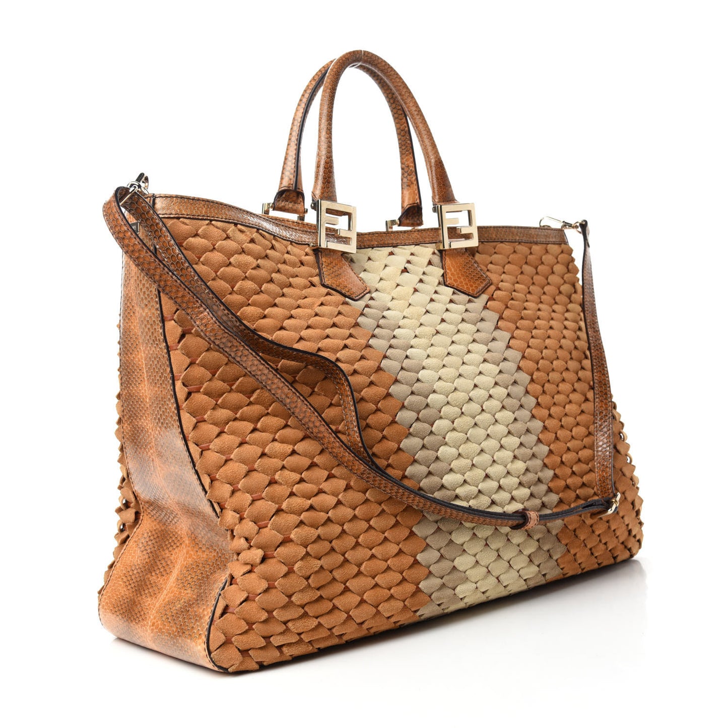 Suede Calfskin Water Snake Twins Tote Brown