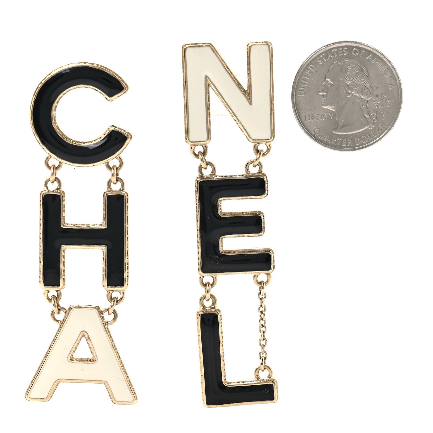 Metal Enamel Cha-Nel Logo Drop Earrings Black White