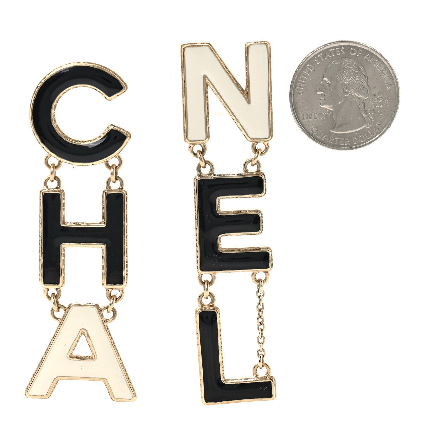 Chanel Metal Enamel Cha-Nel Logo Drop Earrings Black White 2 of 4