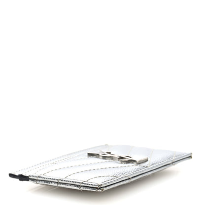 Saint Laurent Metallic Grain De Poudre Matelasse Chevron Monogram Credit Card Case Argento 4 of 7