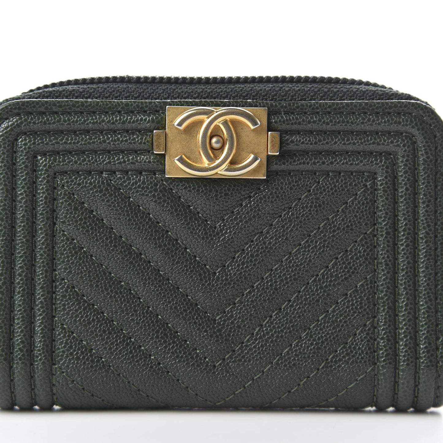 Caviar Chevron Quilted Boy Zip Around Coin Purse Wallet Dark Green