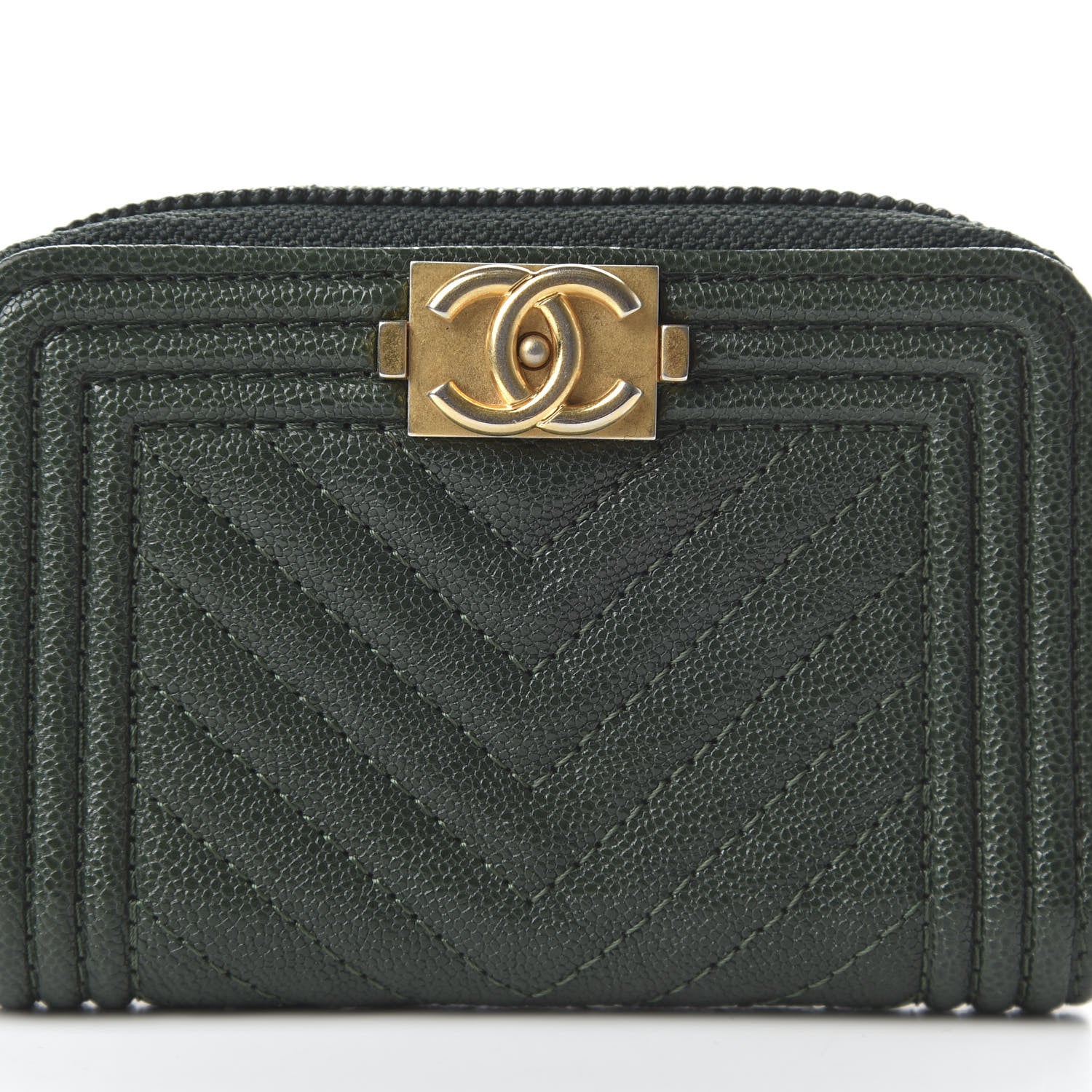 Chanel Caviar Chevron Quilted Boy Zip Around Coin Purse Wallet Dark Green 10 of 11