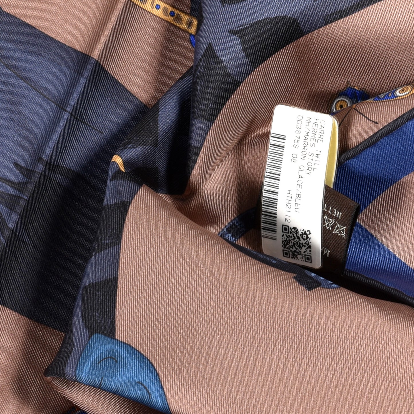 Silk Story Scarf 90 Marron Glace Bleu Nuit