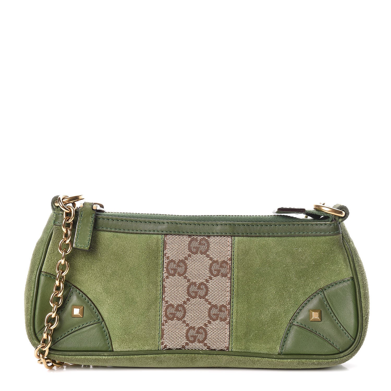 Gucci Suede Monogram Horsebit Nail Chain Pochette Green 1 of 9