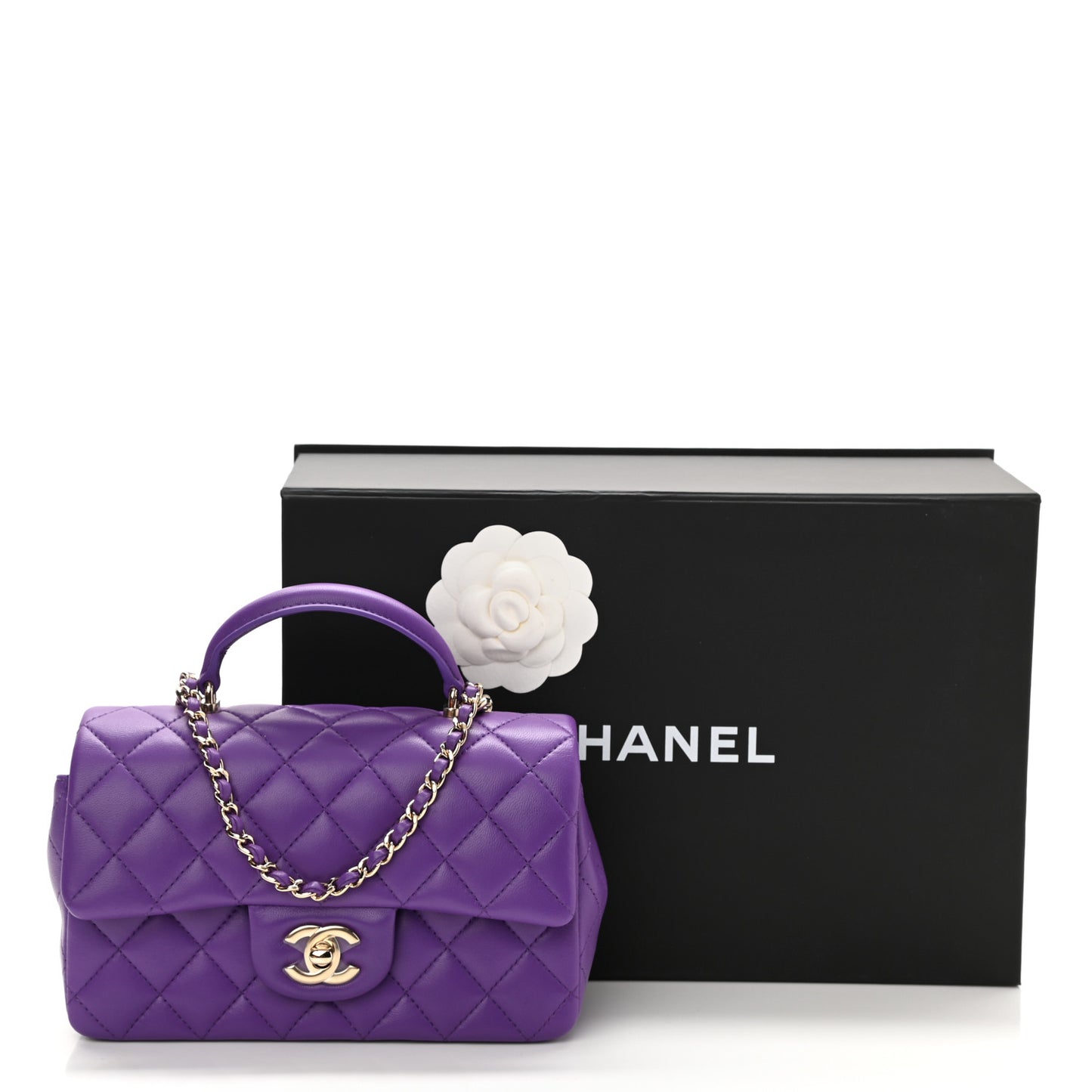 Lambskin Quilted Mini Top Handle Rectangular Flap Purple