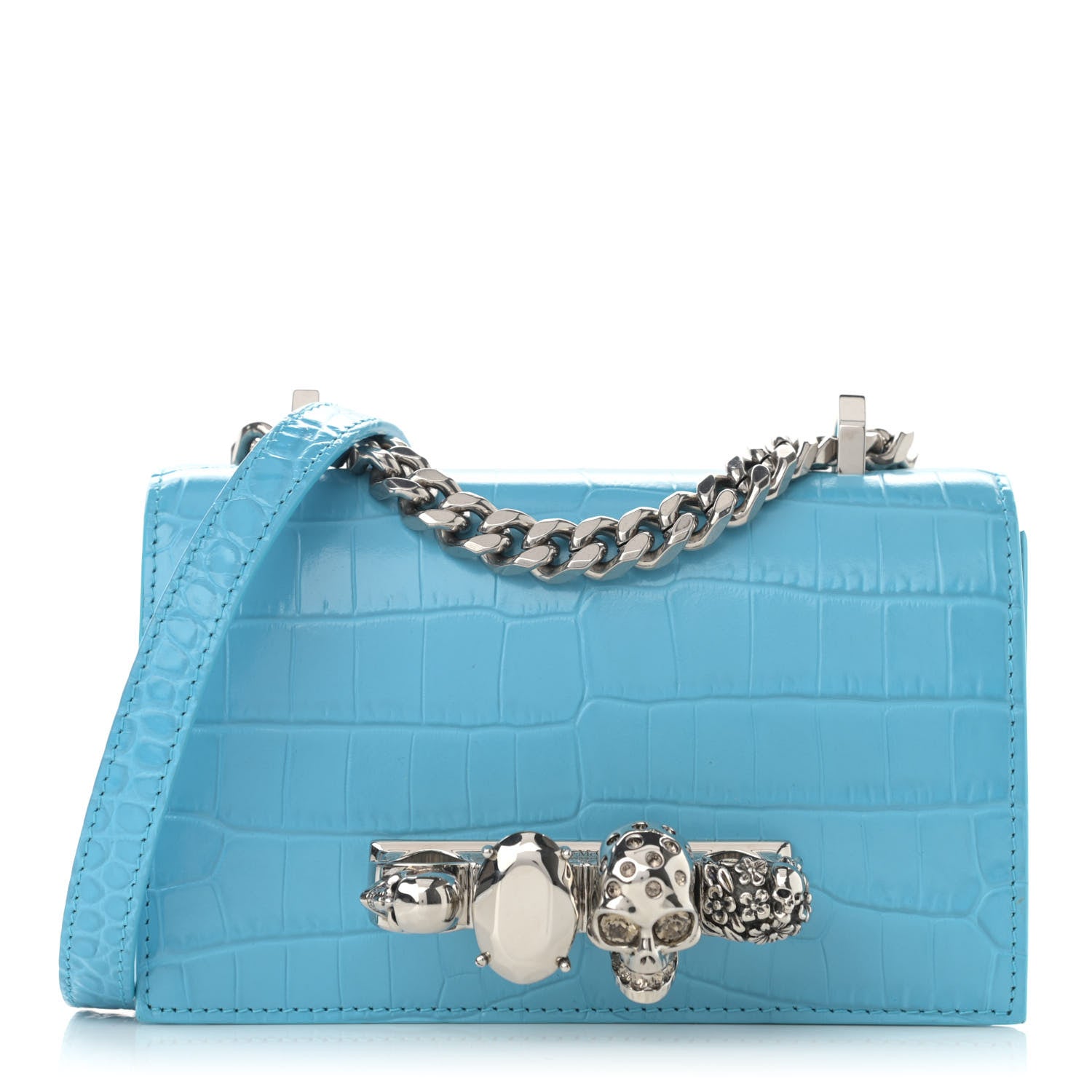 Alexander McQueen Calfskin Crocodile Embossed Knuckle Shoulder Bag Cerulean 1 of 10