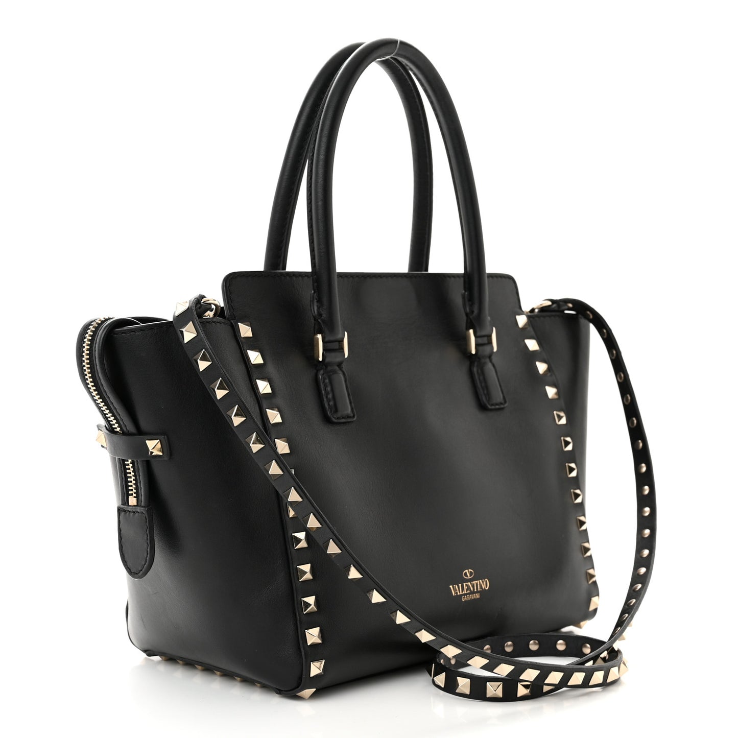 Vitello Small Rockstud Double Handle Tote Black