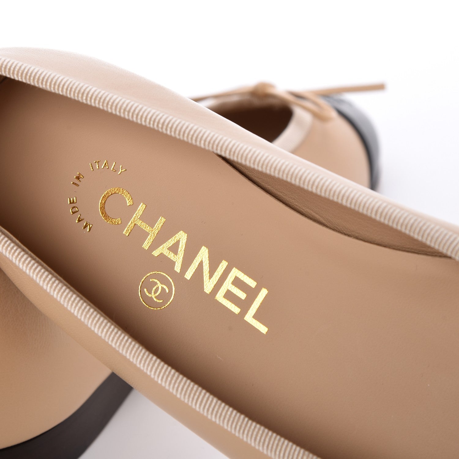 Chanel Lambskin Cap Toe CC Ballerina Flats 36.5 Beige Black 5 of 9