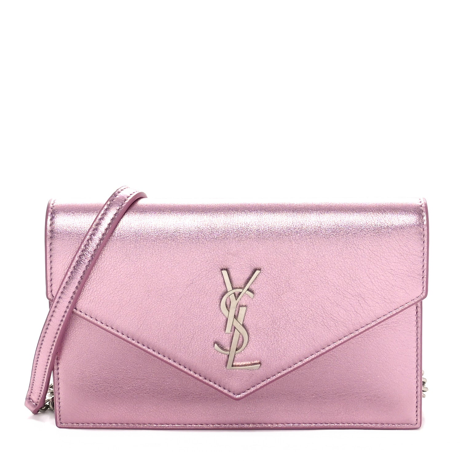 Saint Laurent Metallic Calfskin Monogram Envelope Chain Wallet Pink 1 of 9