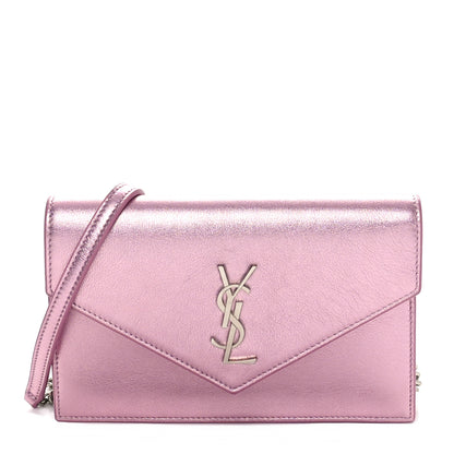 Saint Laurent Metallic Calfskin Monogram Envelope Chain Wallet Pink 1 of 9