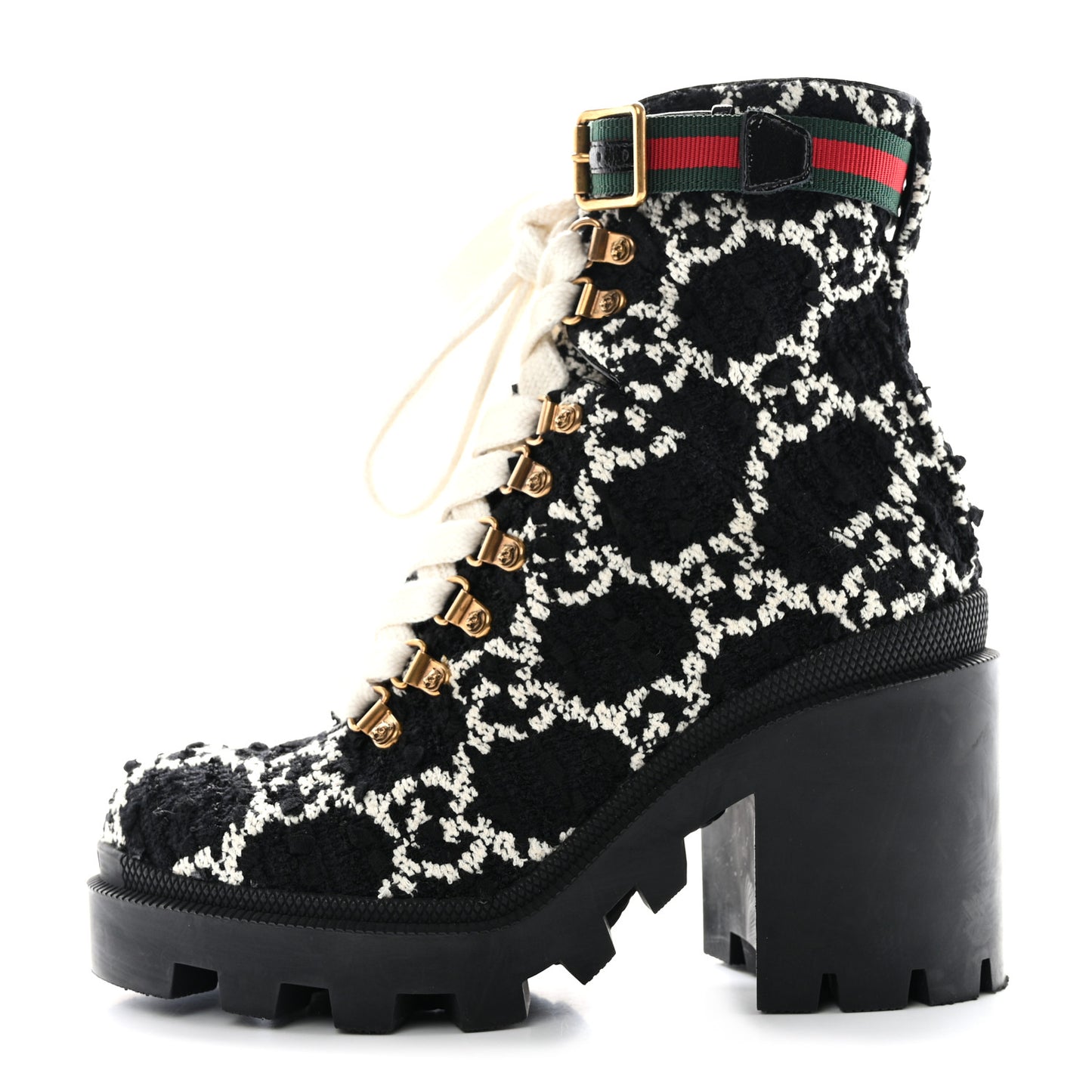 Tweed GG Monogram Lace Up Combat Ankle Boots 37.5 37.5 Black