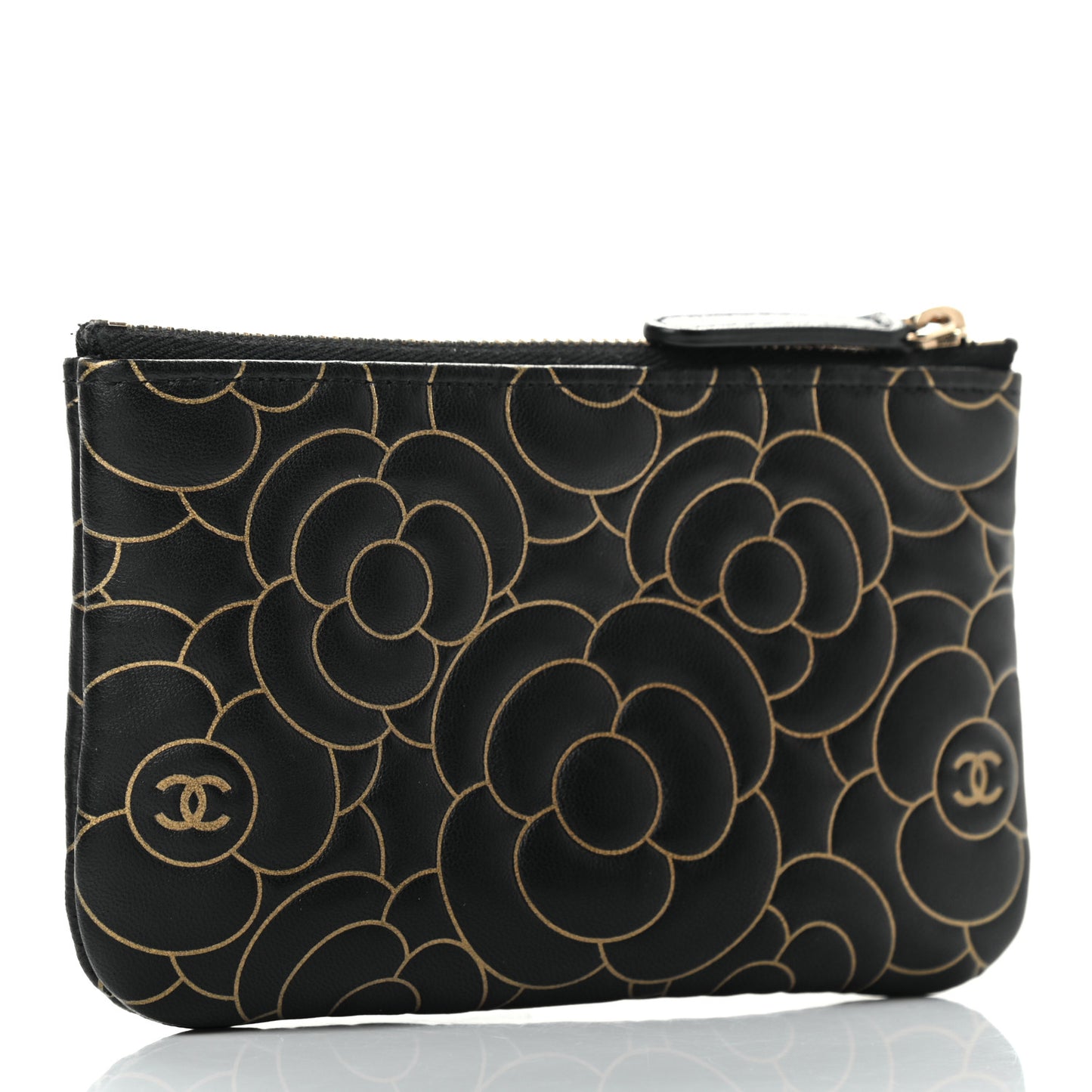 Lambskin Camellia Embossed Small Cosmetic Case Black Gold