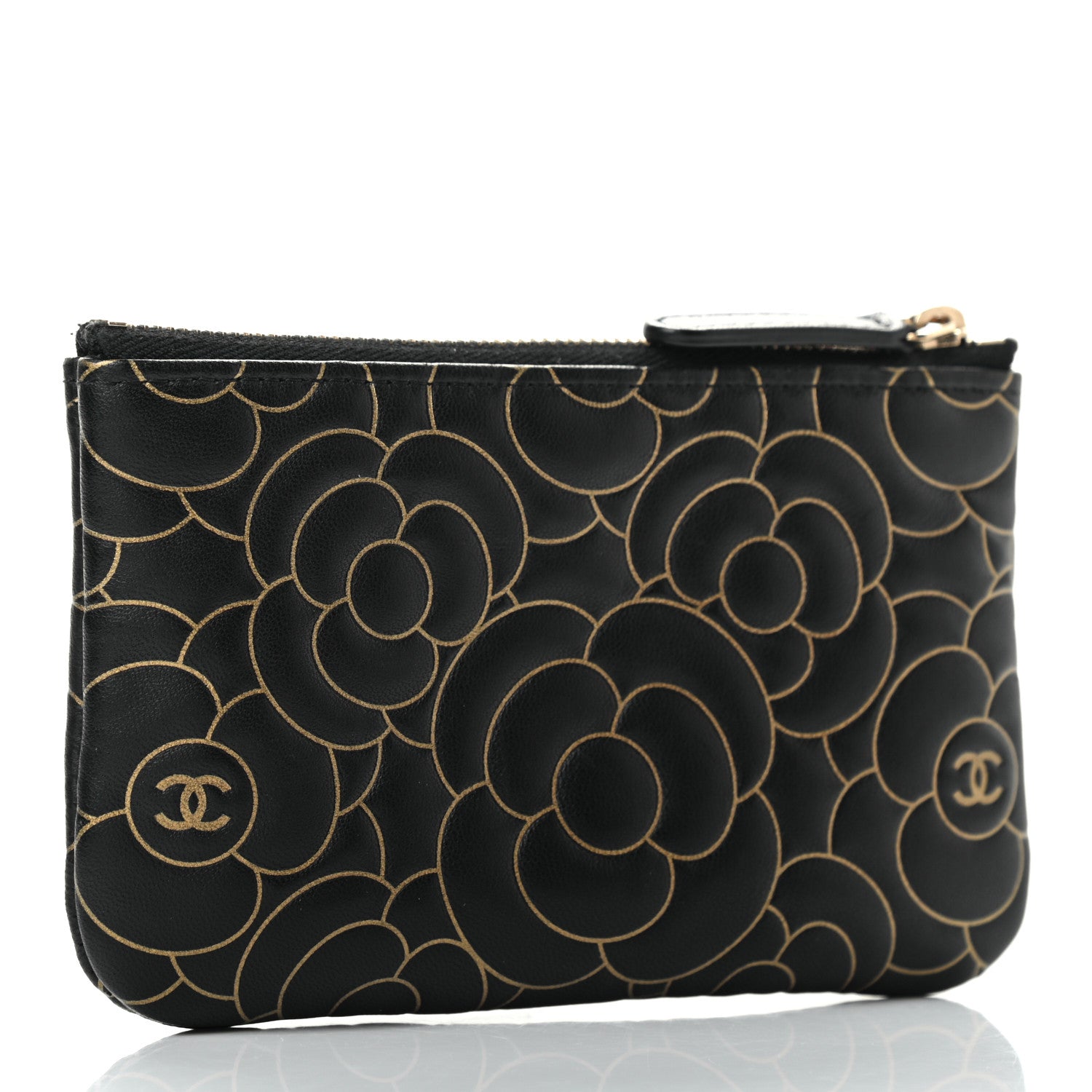 Chanel Lambskin Camellia Embossed Small Cosmetic Case Black Gold 3 of 7