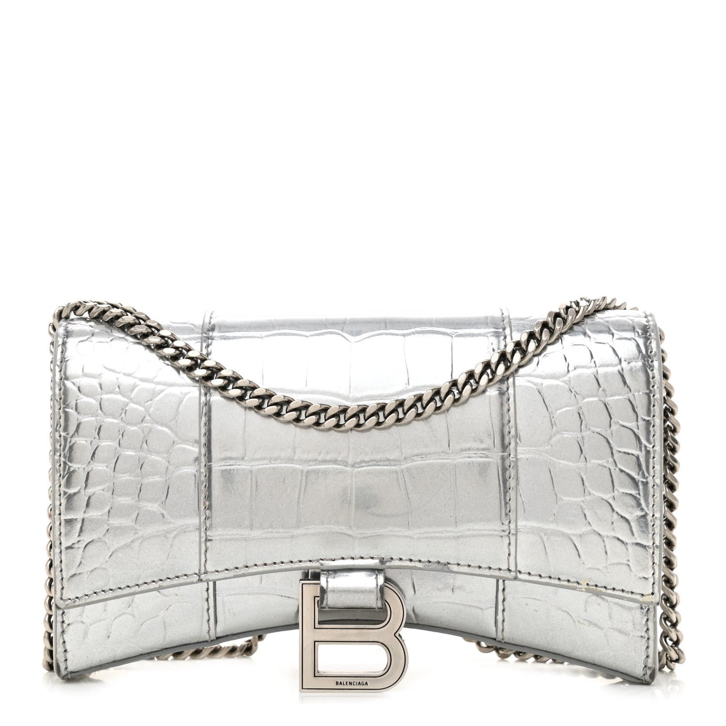 Metallic Calfskin Crocodile Embossed Hourglass Chain Bag Silver
