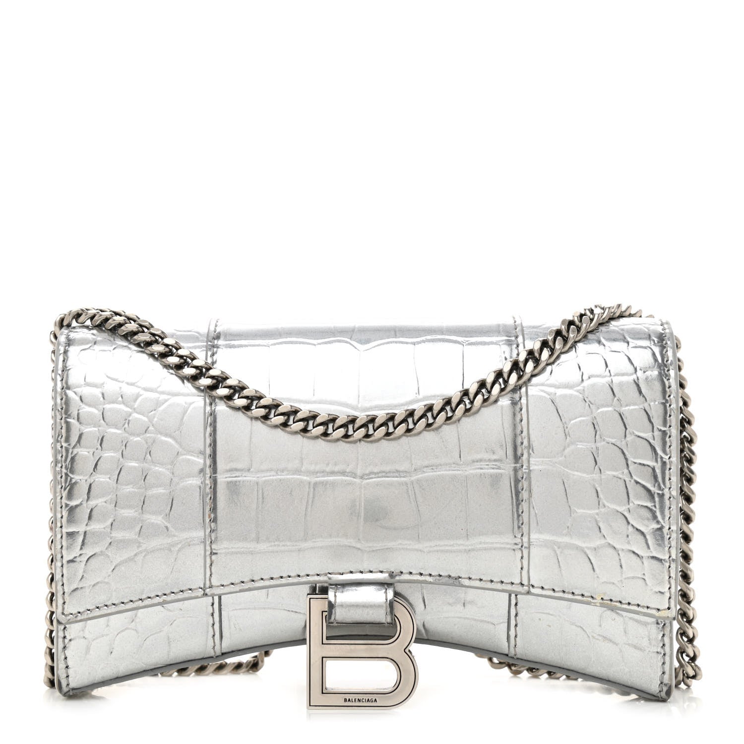 Balenciaga Metallic Calfskin Crocodile Embossed Hourglass Chain Bag Silver 1 of 12