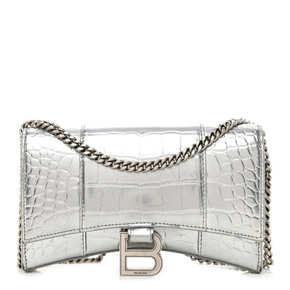 Balenciaga Metallic Calfskin Crocodile Embossed Hourglass Chain Bag Silver 1 of 12