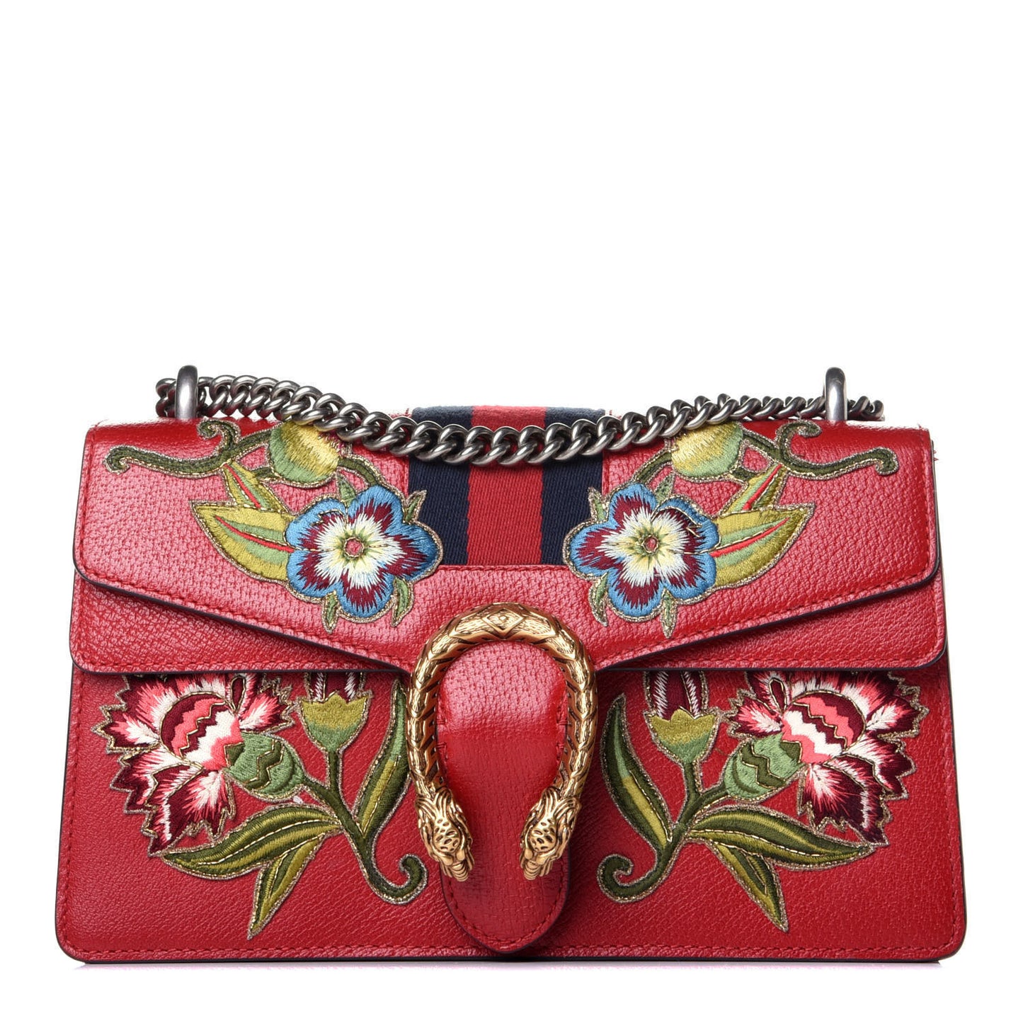 Calfskin Web Floral Embroidered Small Dionysus Shoulder Bag Hibiscus Red